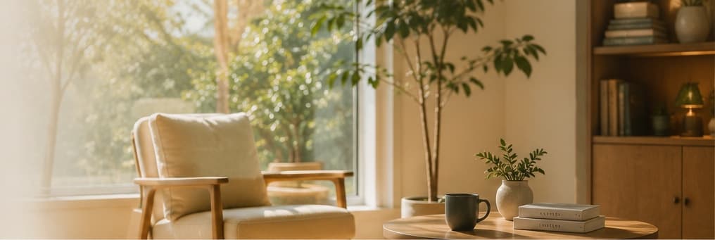 A sunlit reading chair beside a window, with plants and books nearby