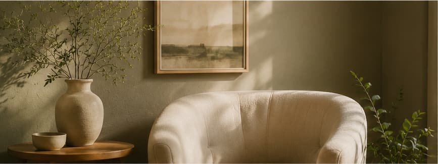 A ceramic vase of branches beside a warm, sunlit armchair