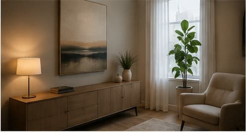 A warm sitting room with a media console and soft art