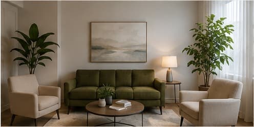 A living-room style lounge with a sage green sofa