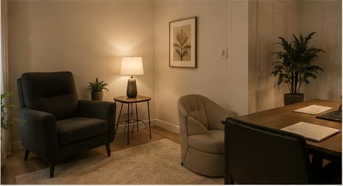 A quiet therapy room with a writing desk and reading chair