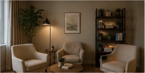 A sunlit reading corner with linen armchairs and a bookshelf