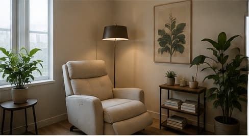 A sunlit recliner beside a window and potted plants